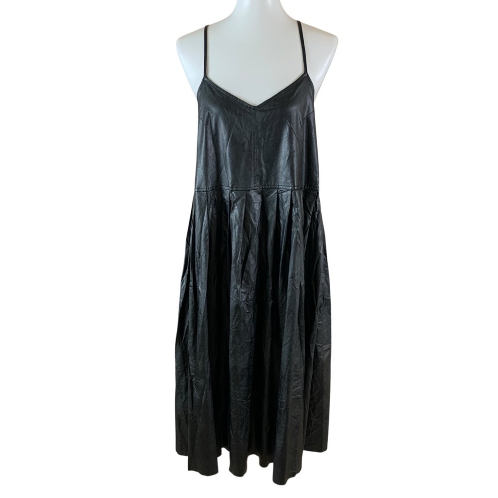 Stylenanda Black Faux‎ Leather Grunge Y2K Spaghetti Strap Pleated Midi Dress M